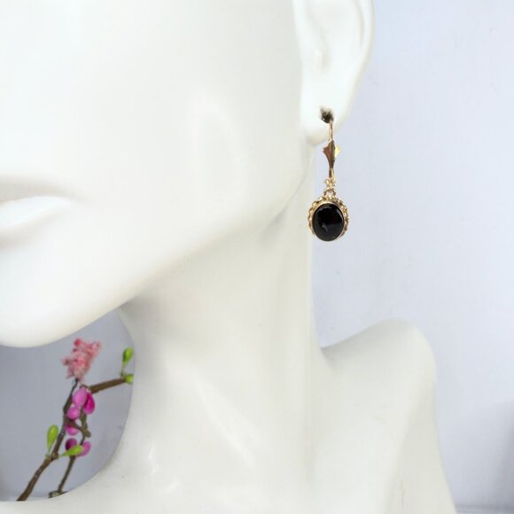 Vintage 14K Yellow Gold Black Onyx Drop Earrings JR1442